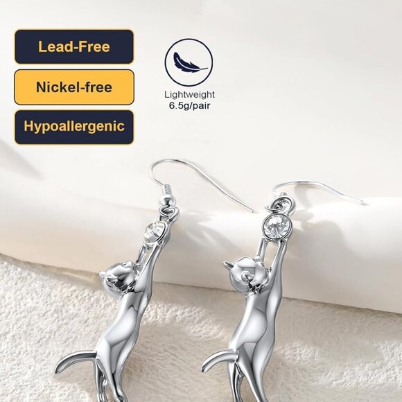 Cute Cat Ear Pendant Platinum/18K Gold Plated Drop Earrings With Rhinestone - Picture 6 of 8